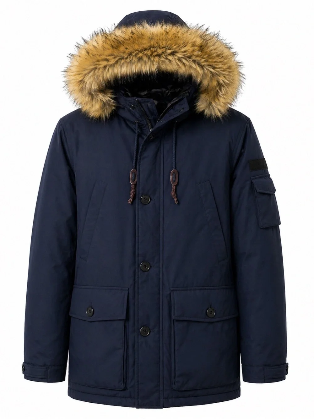 J Crew Nordic ,Men's Navy Blue Parka Coat with Faux Fur Hood .Size-Large